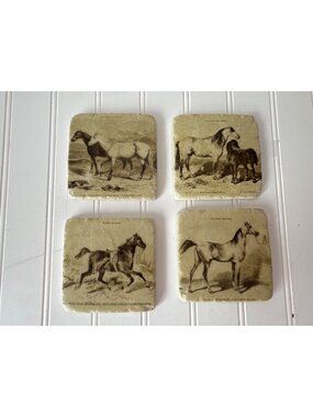 Tumbled Stone Horse Equestrian Coaster Set Cork Backings Rustic Beige Western